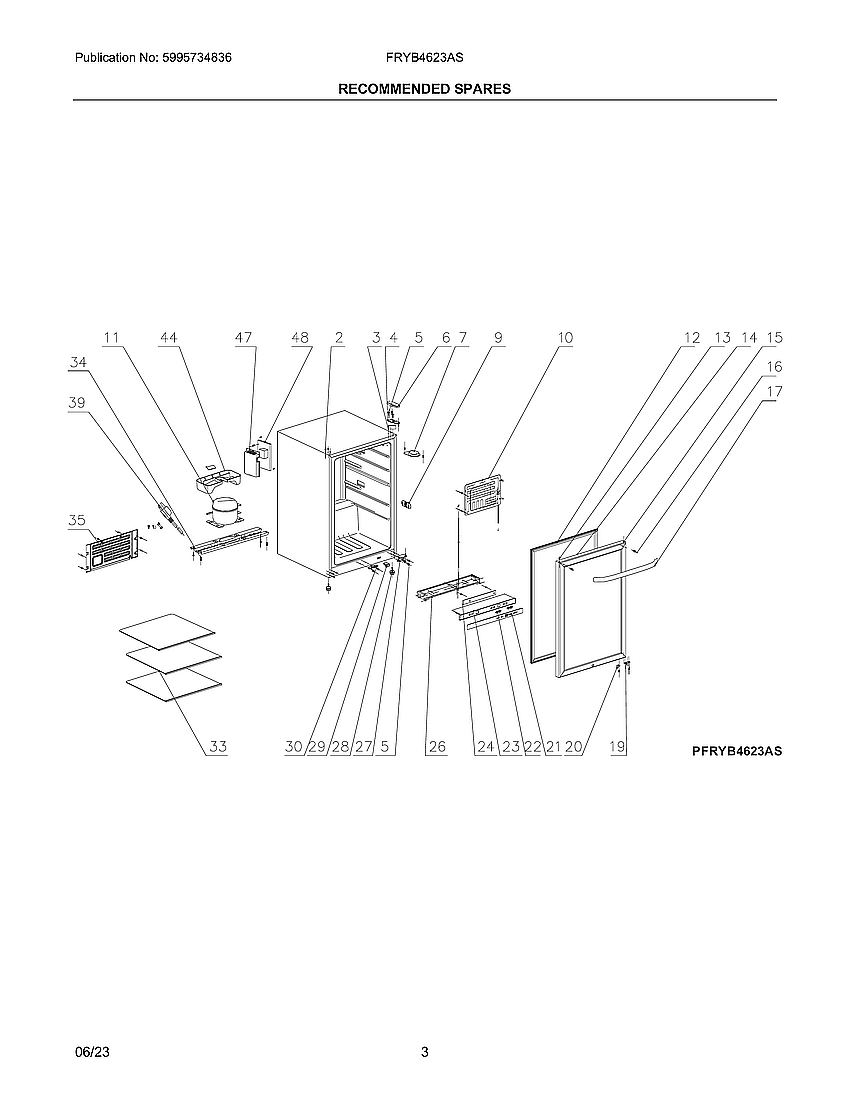 Recommended Spares Diagram and Parts List for FRYB4623AS  Frigidaire Air Conditioner