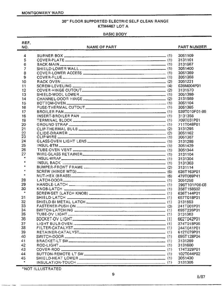 Basic Body Page 2 Diagram and Parts List for 4467A  Frigidaire Range