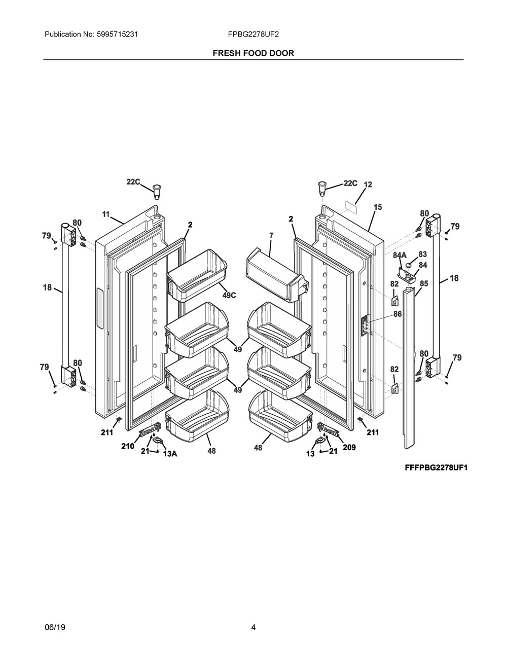 Fresh Food Door Diagram and Parts List for FPBG2278UF2  Frigidaire Refrigerator