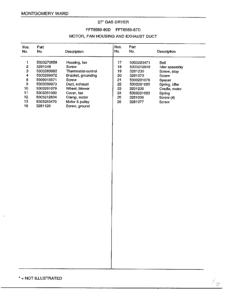 Motor/fan Housing And Exhaust Duct Page 2 Diagram and Parts List for 8589-80D  Frigidaire Dryer