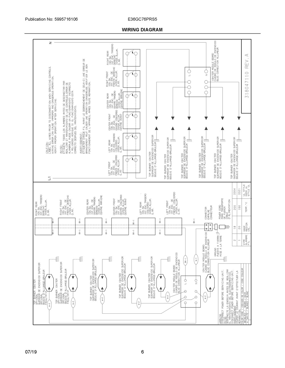 Wiring Diagram Diagram and Parts List for E36GC76PRS5  Frigidaire Cooktop