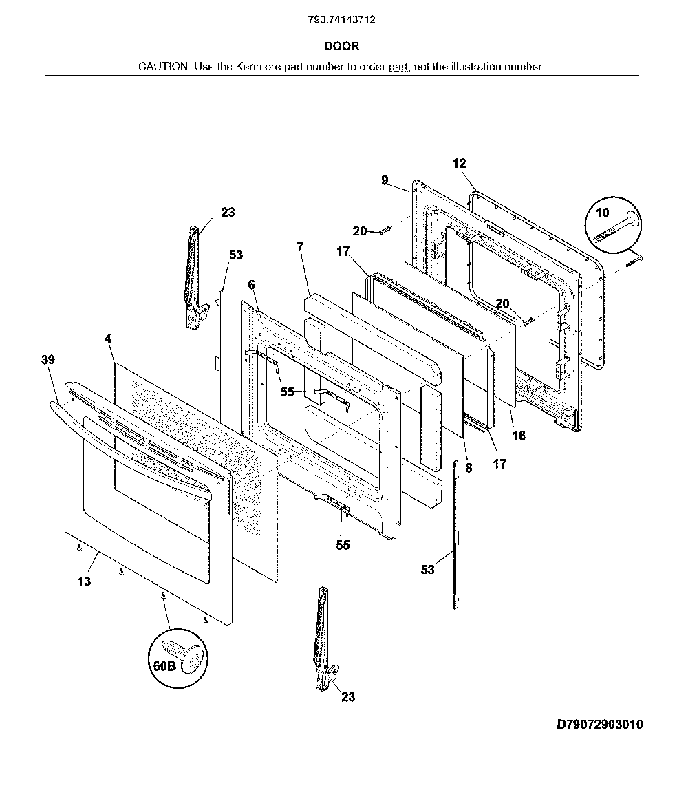 Door Diagram and Parts List for 79074143712  Kenmore Range