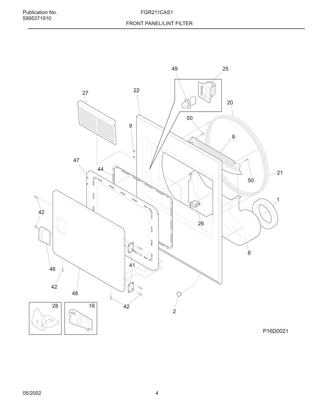 Front Panel/Lint Filter Diagram and Parts List for FGR211CAS1  Frigidaire Dryer