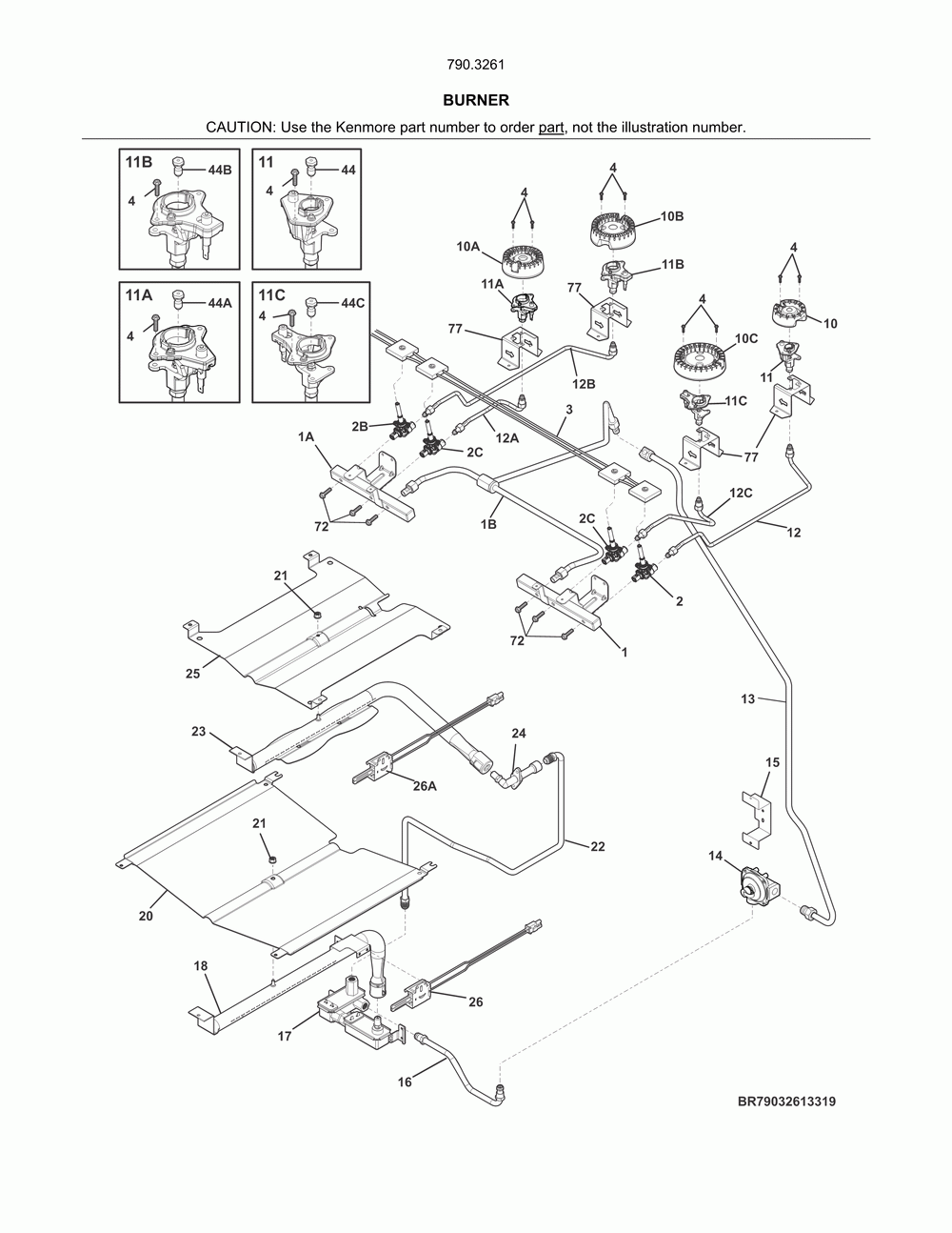 Burner Diagram and Parts List for 7903261331C  Kenmore Range