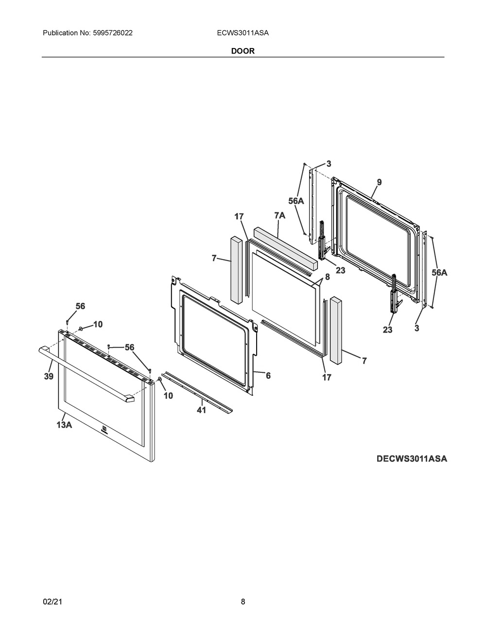 Door Diagram and Parts List for ECWS3011ASA  Frigidaire Range