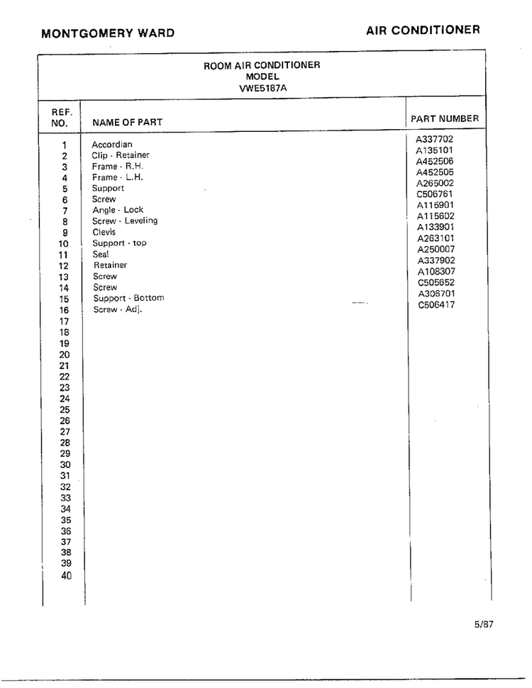 Air Conditioner Page 10 Diagram and Parts List for 5187A  Frigidaire Air Conditioner