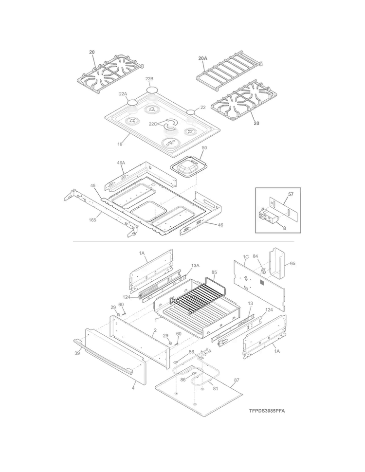 Top/drawer Diagram and Parts List for FPDS3085PFF  Frigidaire Range