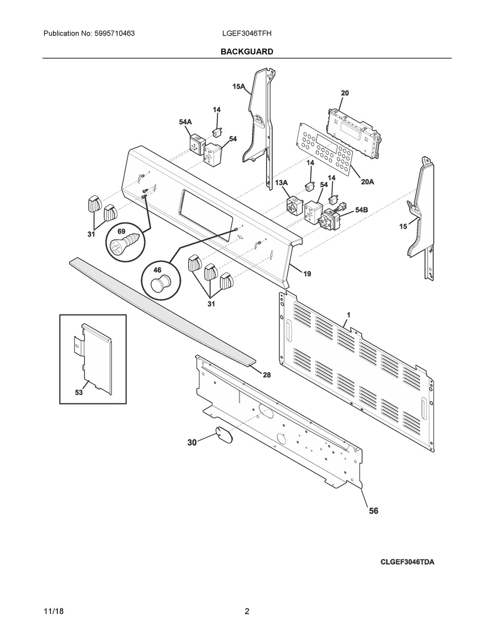 Backguard Diagram and Parts List for LGEF3046TFH  Frigidaire Range
