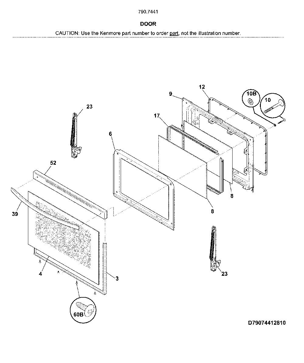 Door Diagram and Parts List for 79074412810  Kenmore Range