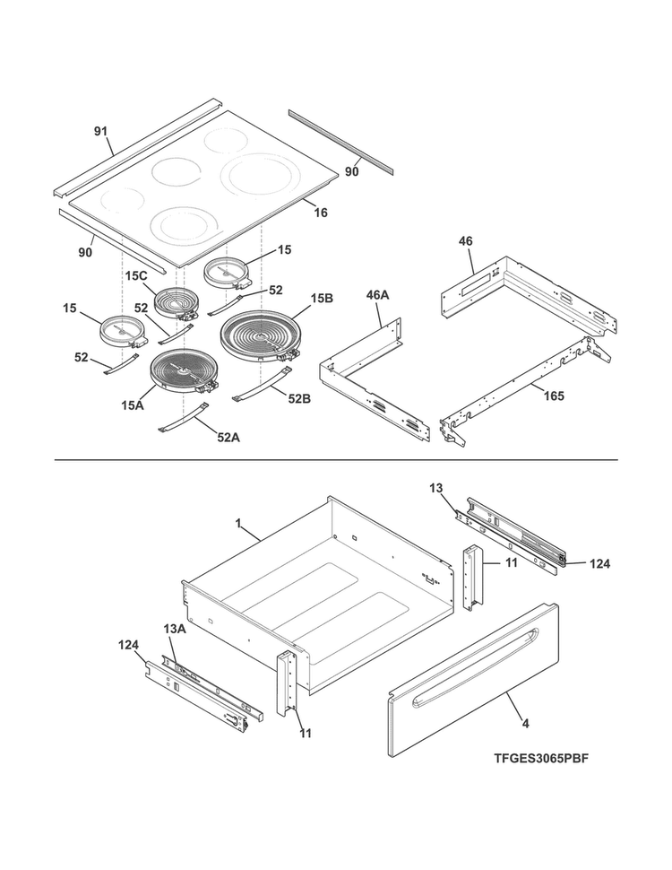 Top/drawer Diagram and Parts List for FGES3065PBF  Frigidaire Range