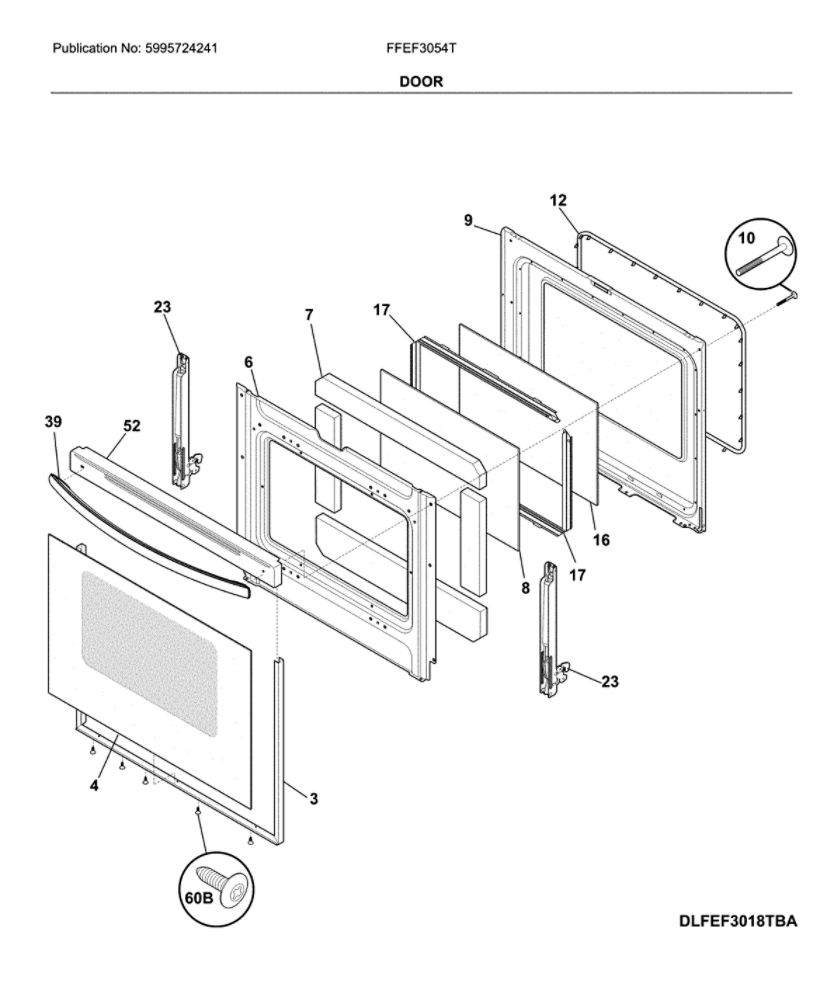 Door Diagram and Parts List for FFEF3054TBM  Frigidaire Range