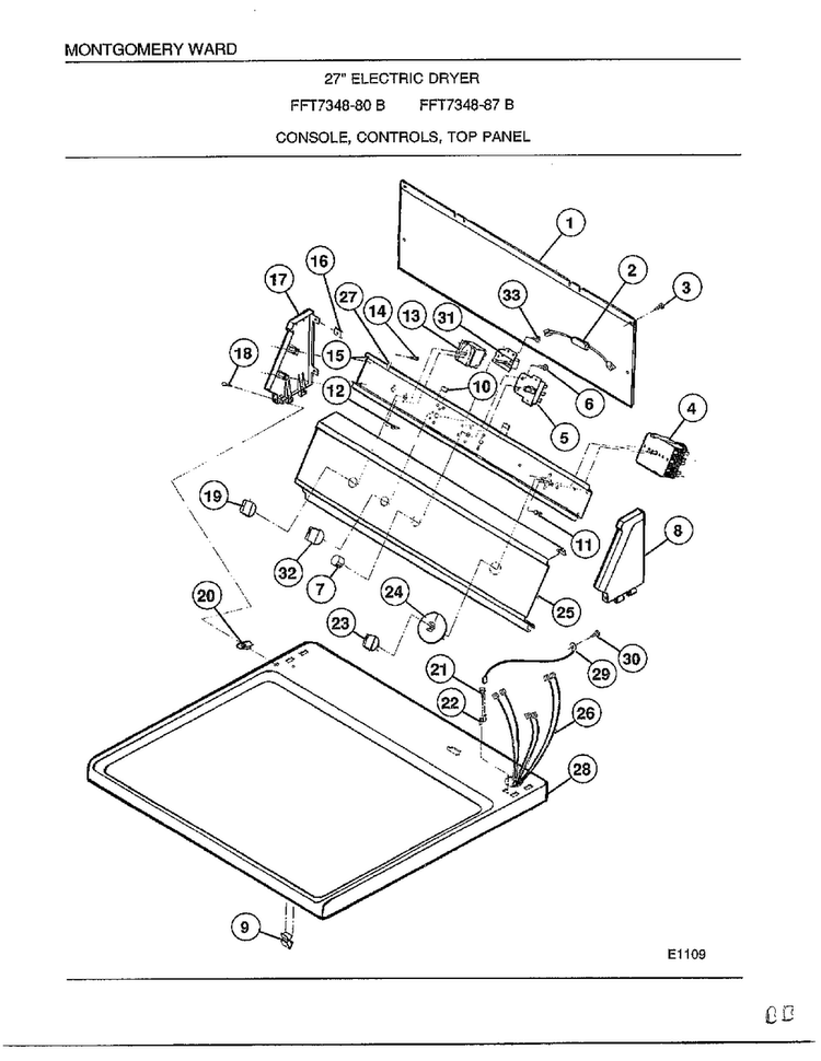 Console, Controls, Top Panel Diagram and Parts List for 7348B  Frigidaire Dryer