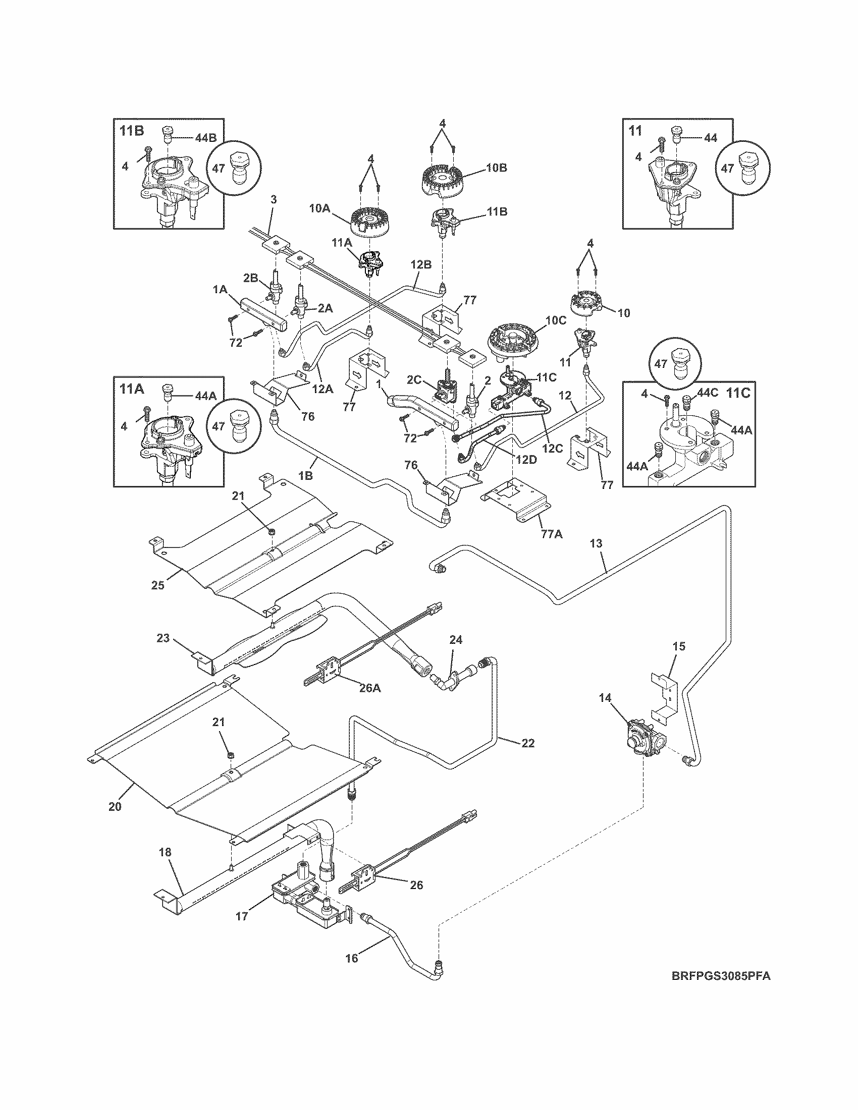Burner Diagram and Parts List for 79032613313  Kenmore Range