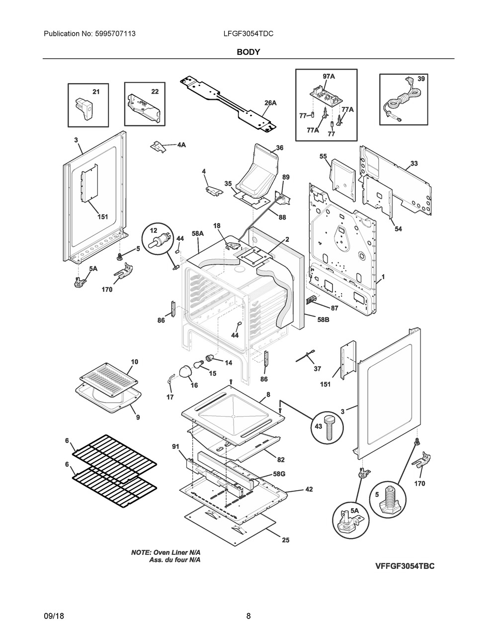 Body Diagram and Parts List for LFGF3054TDC  Frigidaire Range