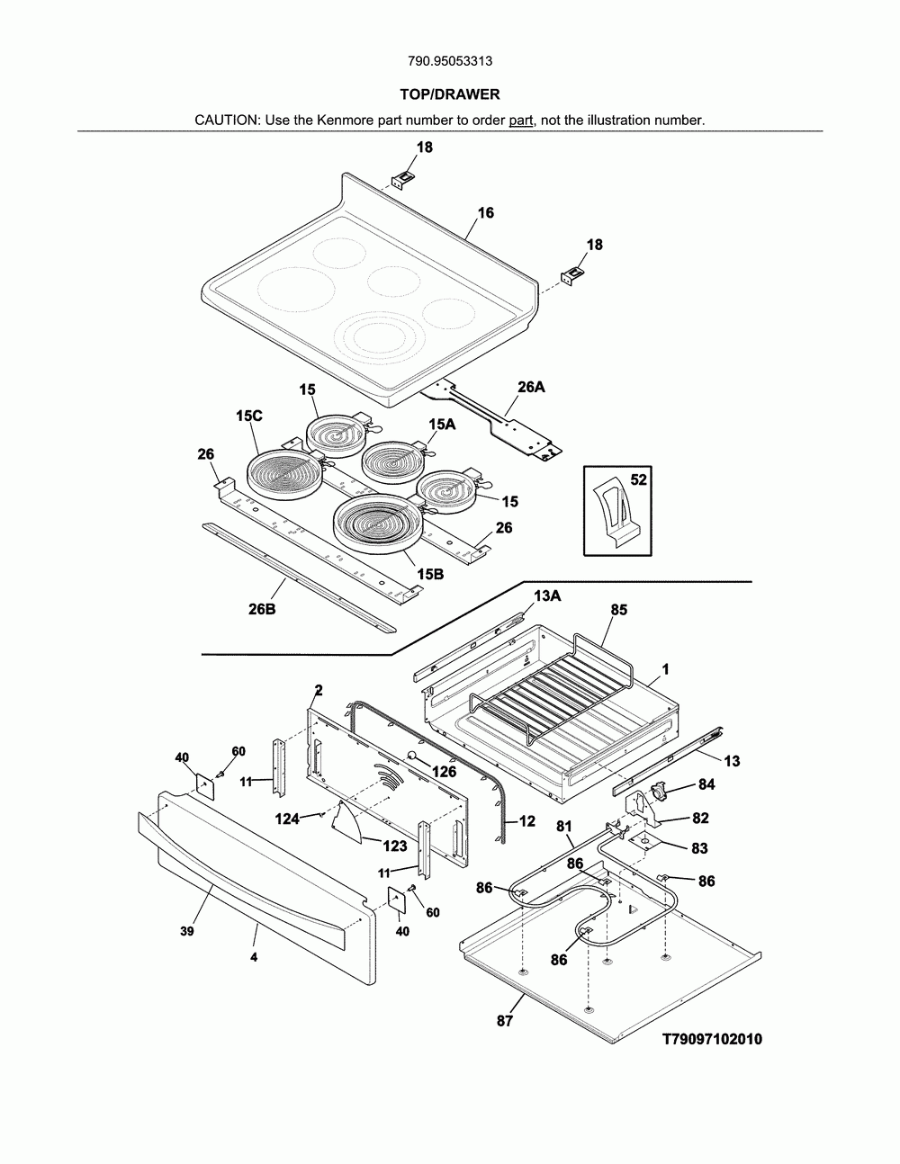 Top/drawer Diagram and Parts List for 79095053313  Kenmore Range