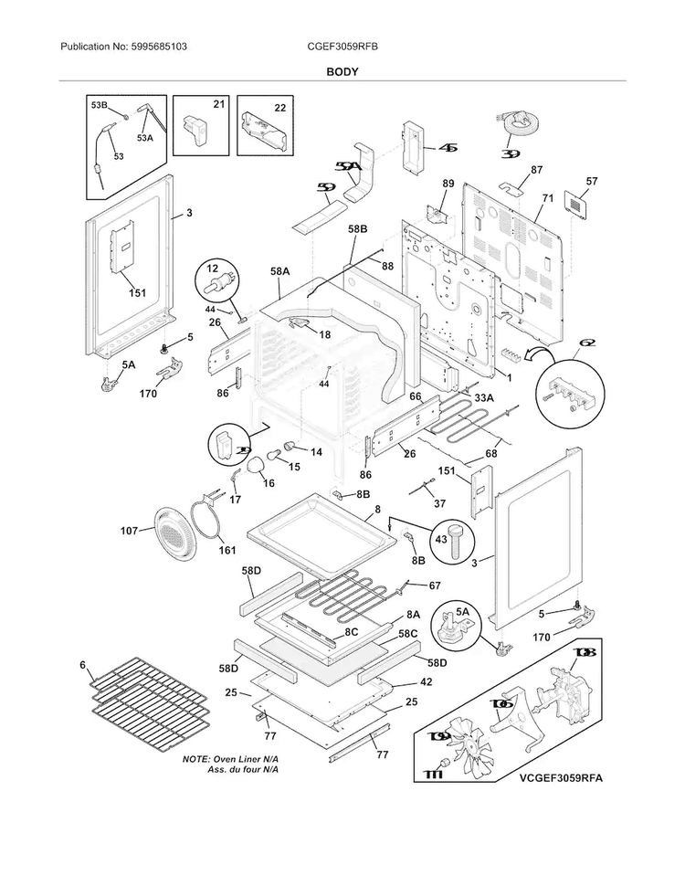 Body Diagram and Parts List for CGEF3059RFB  Frigidaire Range