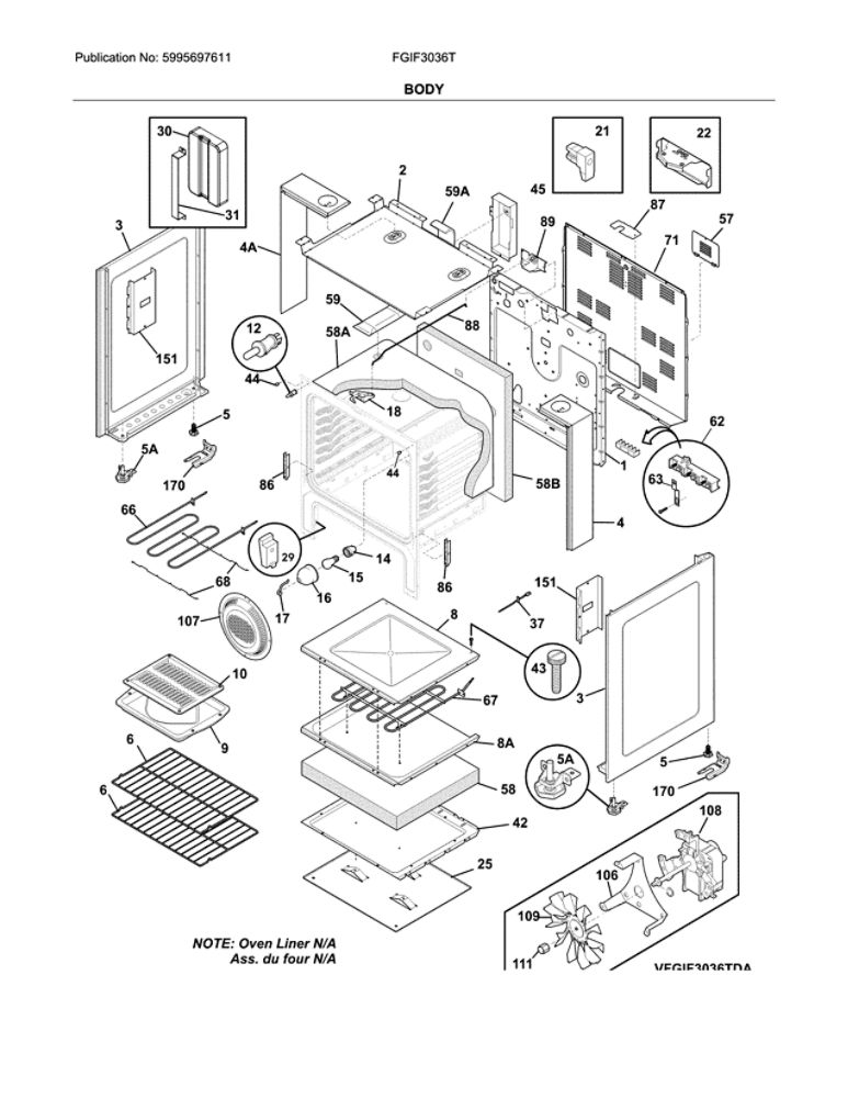 Body Diagram and Parts List for FGIF3036TDA  Frigidaire Range