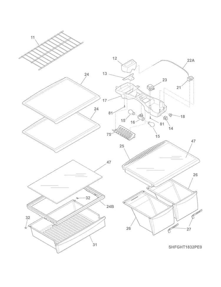 Shelves Diagram and Parts List for FGHT1832PF3  Frigidaire Refrigerator