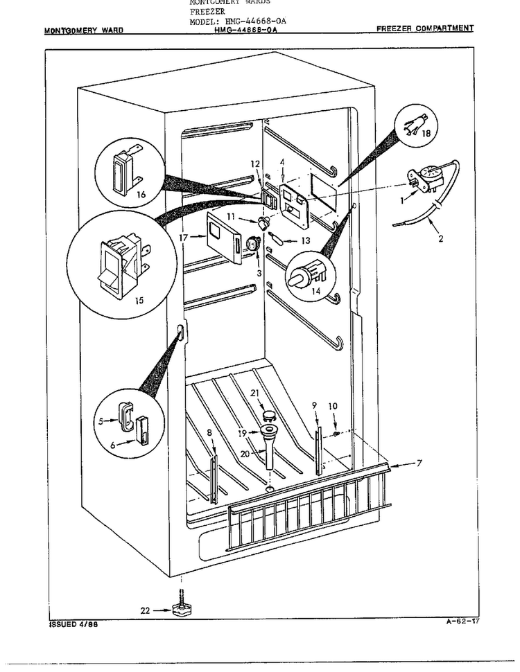 Freezer Compartment/misc Diagram and Parts List for 44668-OA  Frigidaire Freezer