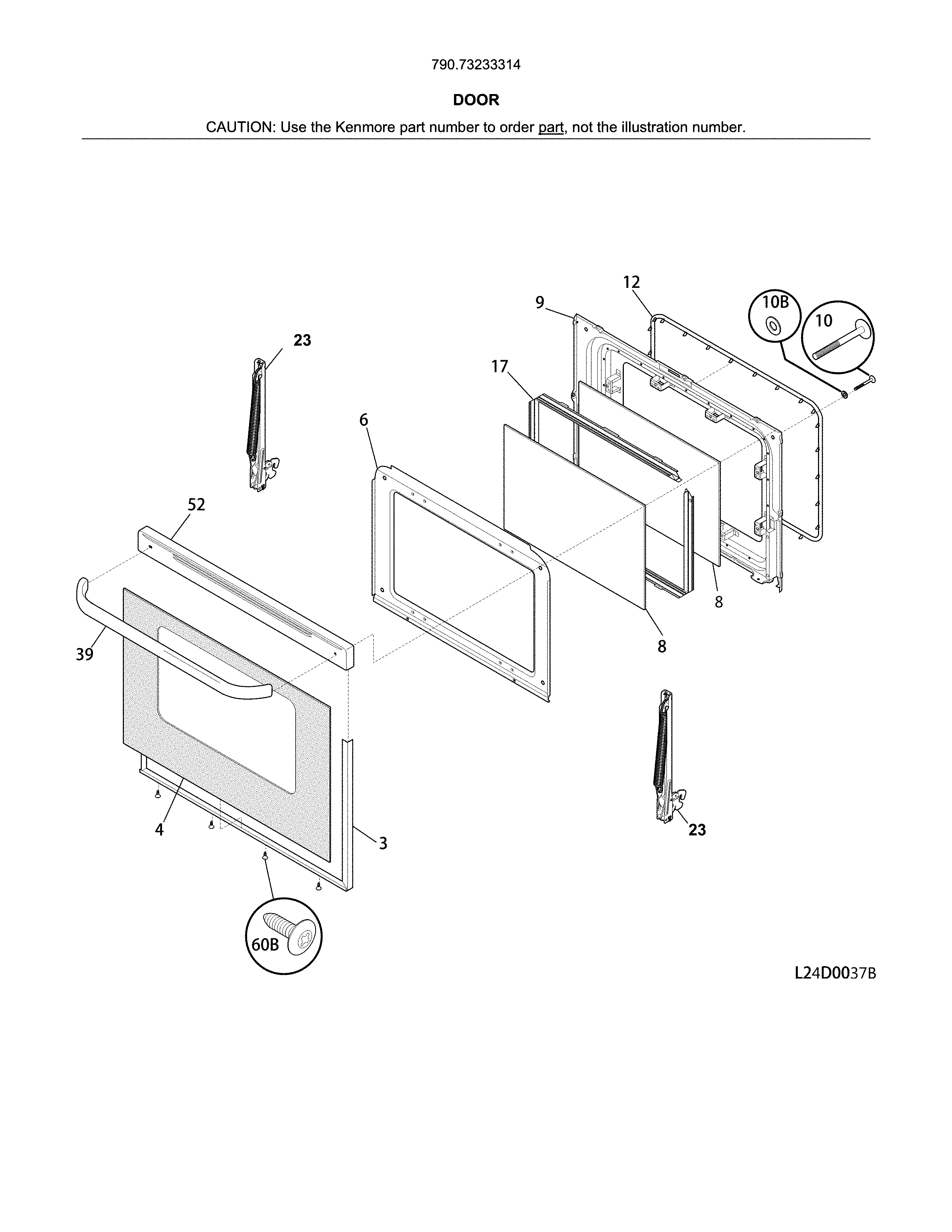 Door Diagram and Parts List for 79073233314  Kenmore Range