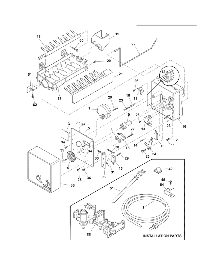 Ice Maker Diagram and Parts List for FFHS2322MS3  Frigidaire Refrigerator