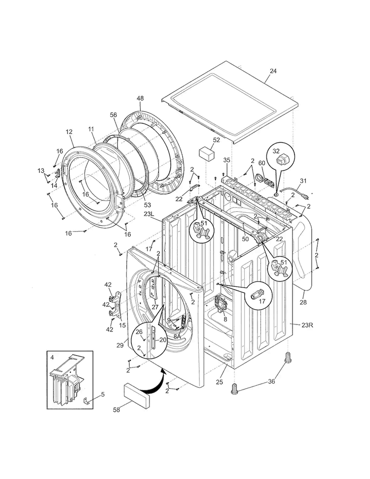 Cabinet/top Diagram and Parts List for FAFW3001LW2  Frigidaire Washer