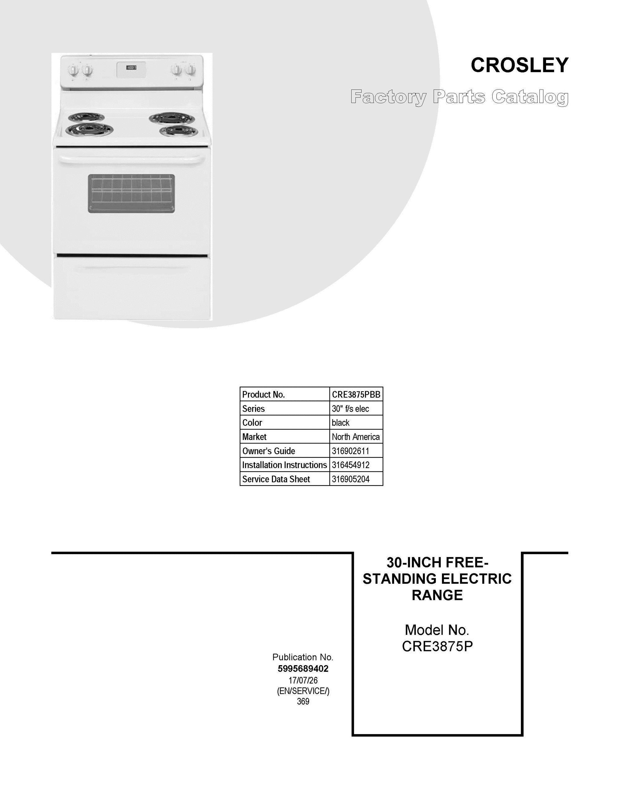 01 - COVER SHEET Diagram and Parts List for CRE3875PBB  Frigidaire Range