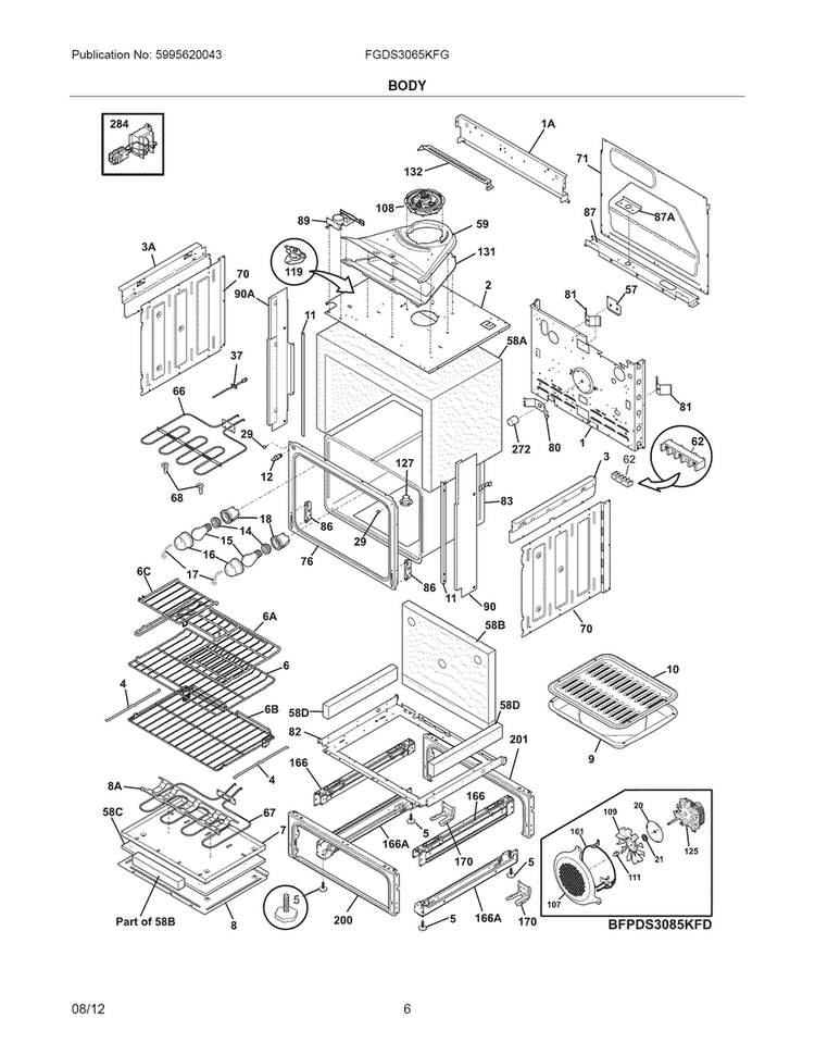 Body Diagram and Parts List for FGDS3065KFG  Frigidaire Range