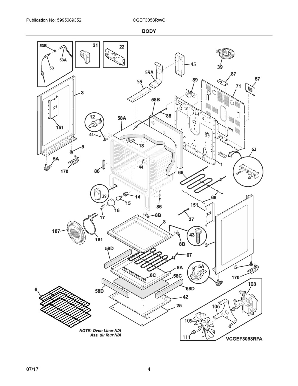 Body Diagram and Parts List for CGEF3058RWC  Frigidaire Range