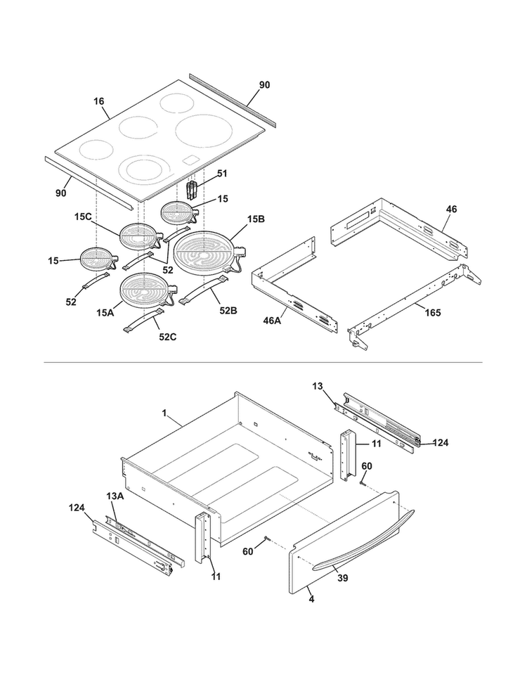 Top/drawer Diagram and Parts List for FGES3045KFF  Frigidaire Range