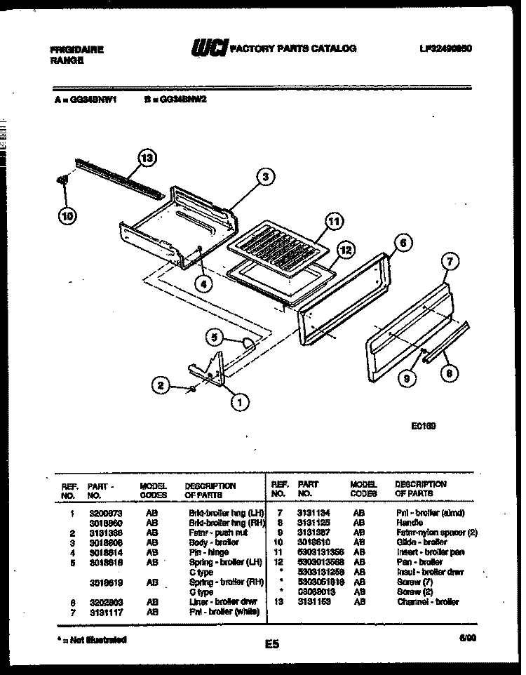 BROILER DRAWER PARTS Diagram and Parts List for GG34BNL1  Frigidaire Range