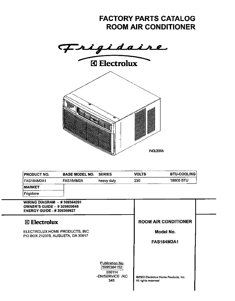 COVER Diagram and Parts List for FAS184M2A1  Frigidaire Air Conditioner