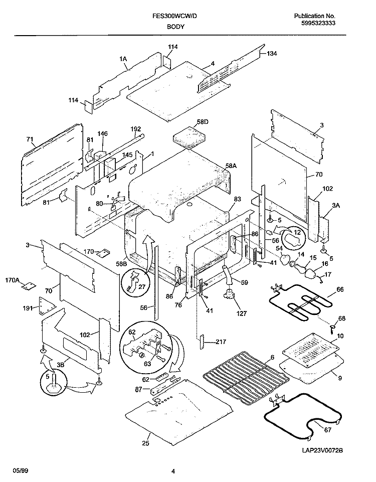 BODY Diagram and Parts List for FES300WCDF  Frigidaire Range