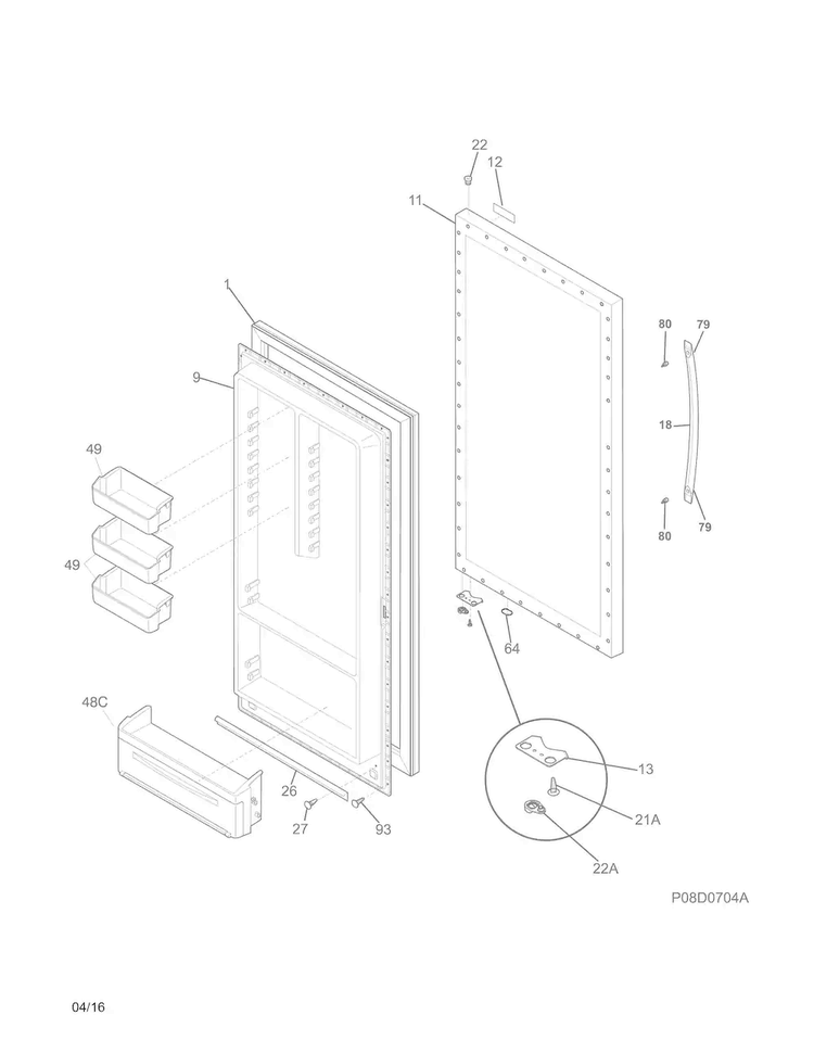 Door Diagram and Parts List for FFVU17F4QWB  Frigidaire Freezer