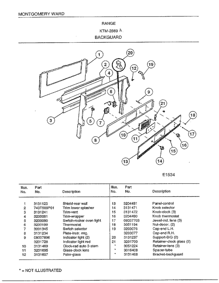 Range/backguard Diagram and Parts List for 2889A  Frigidaire Range