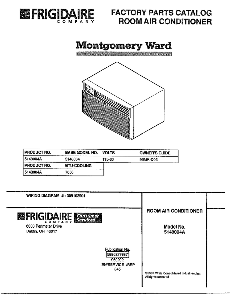 Room Air Conditioner Diagram and Parts List for 5148004A  Frigidaire Air Conditioner