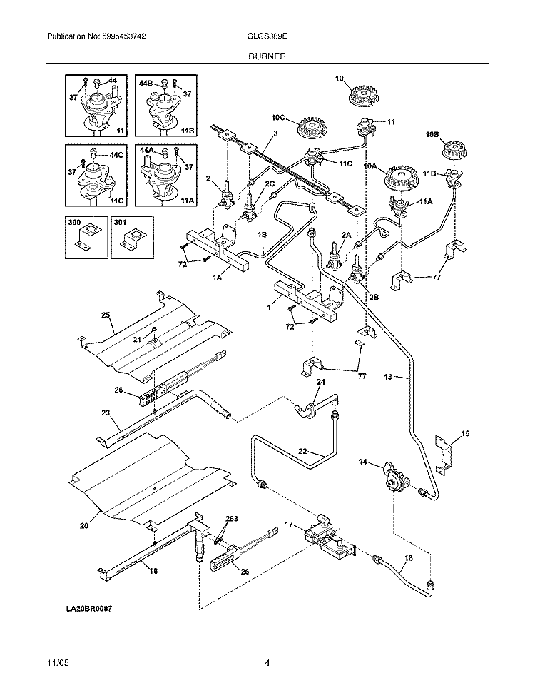 BURNER Diagram and Parts List for GLGS389EQA  Frigidaire Range
