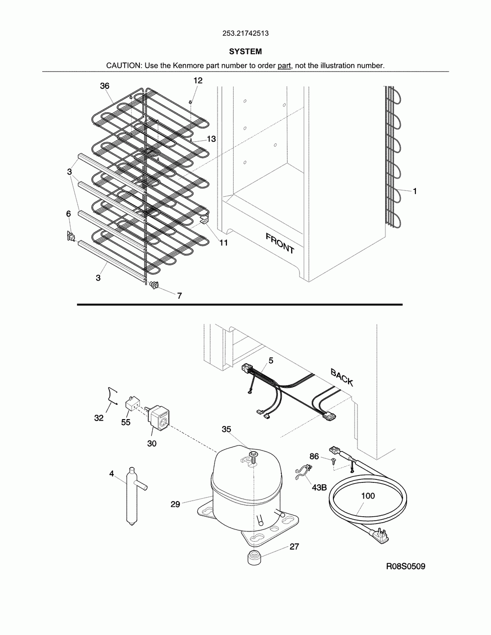 System Diagram and Parts List for 25321742513  Kenmore Freezer