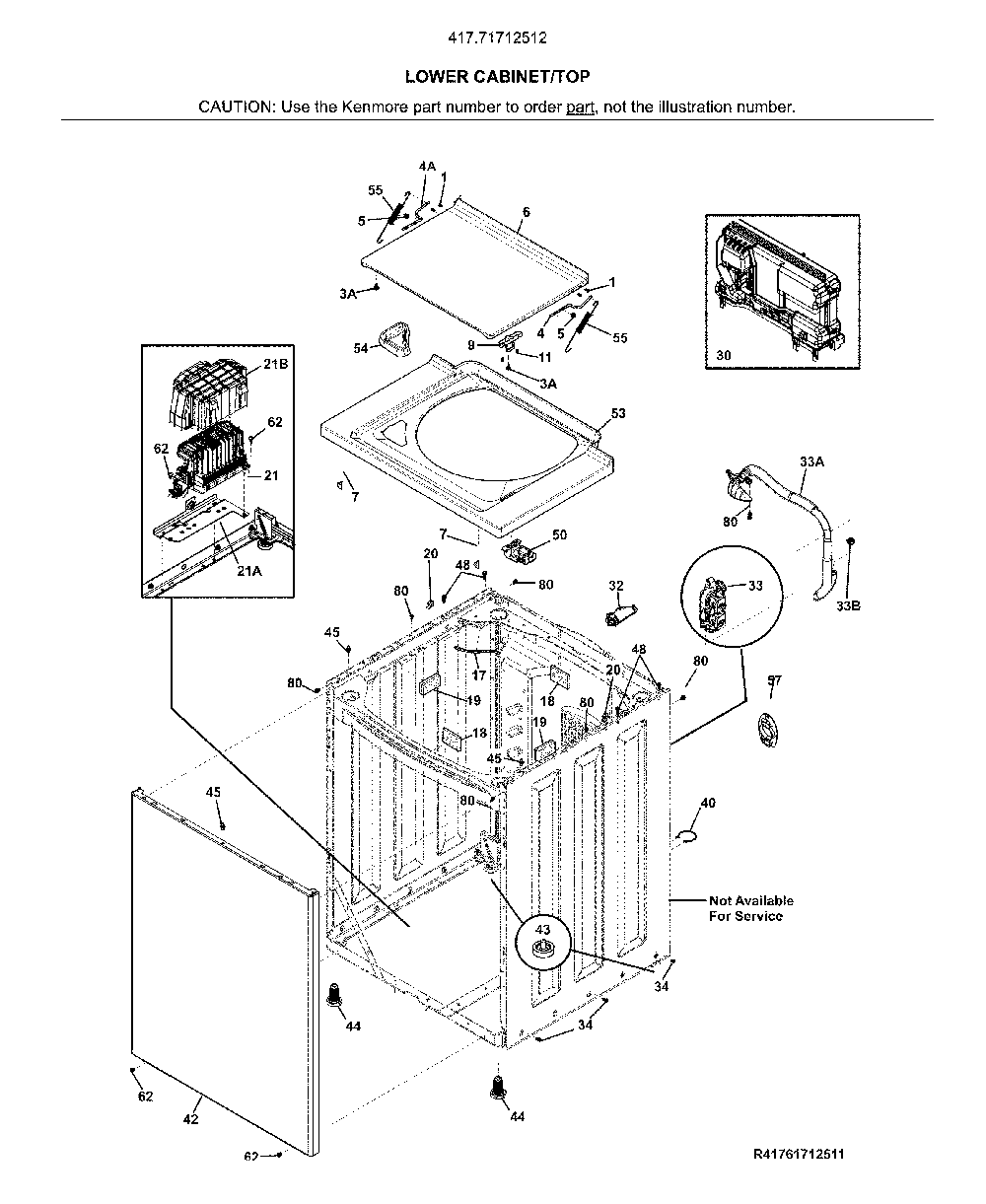 Lower cabinet/top Diagram and Parts List for 41771712512  Kenmore Washer Dryer Combo