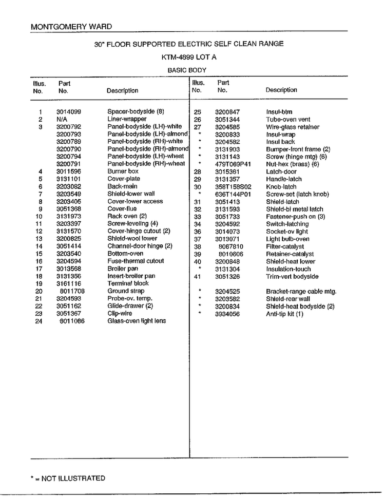 Basic Body Page 2 Diagram and Parts List for 4899A  Frigidaire Range