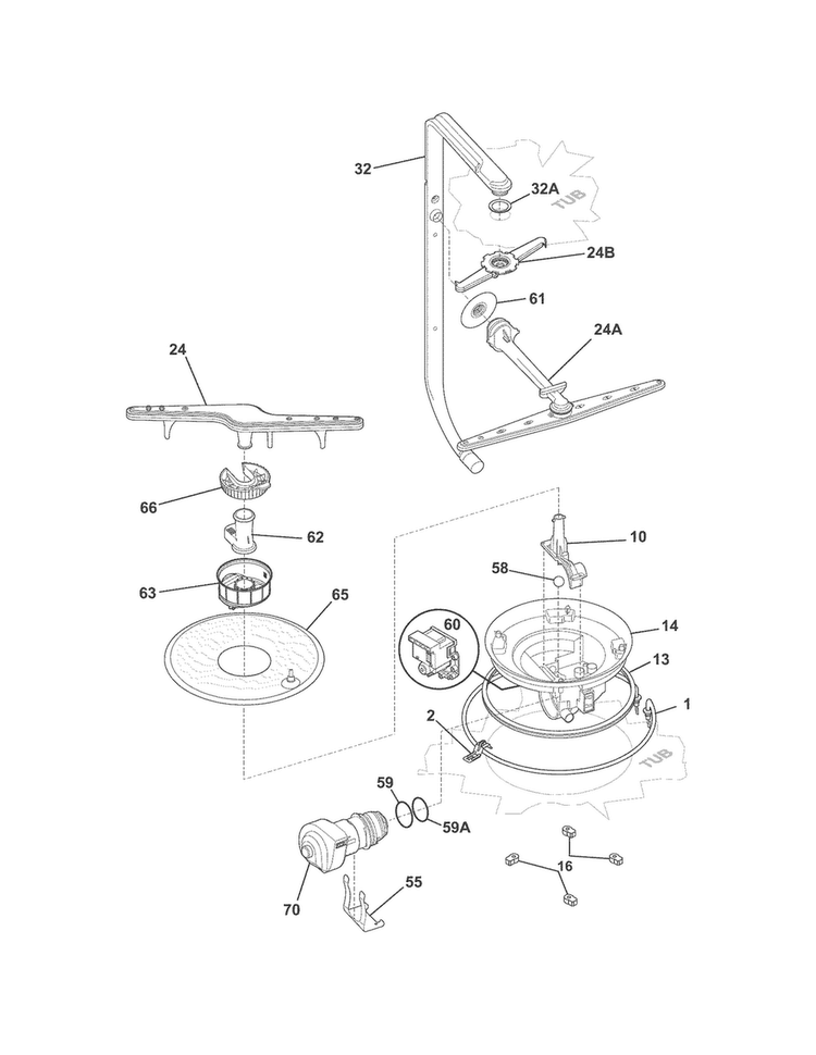Motor & Pump Diagram and Parts List for KABD2406NW0A  Kelvinator Dishwasher