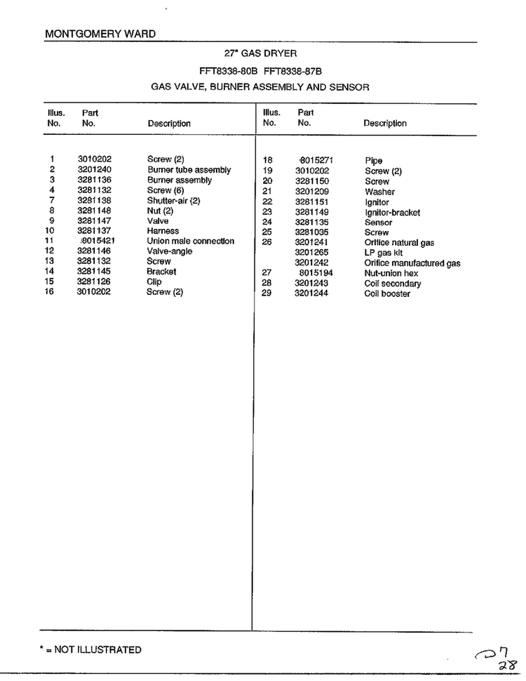 Gas Valve, Burner Assembly And Sensor Page 2 Diagram and Parts List for 8338B  Frigidaire Dryer