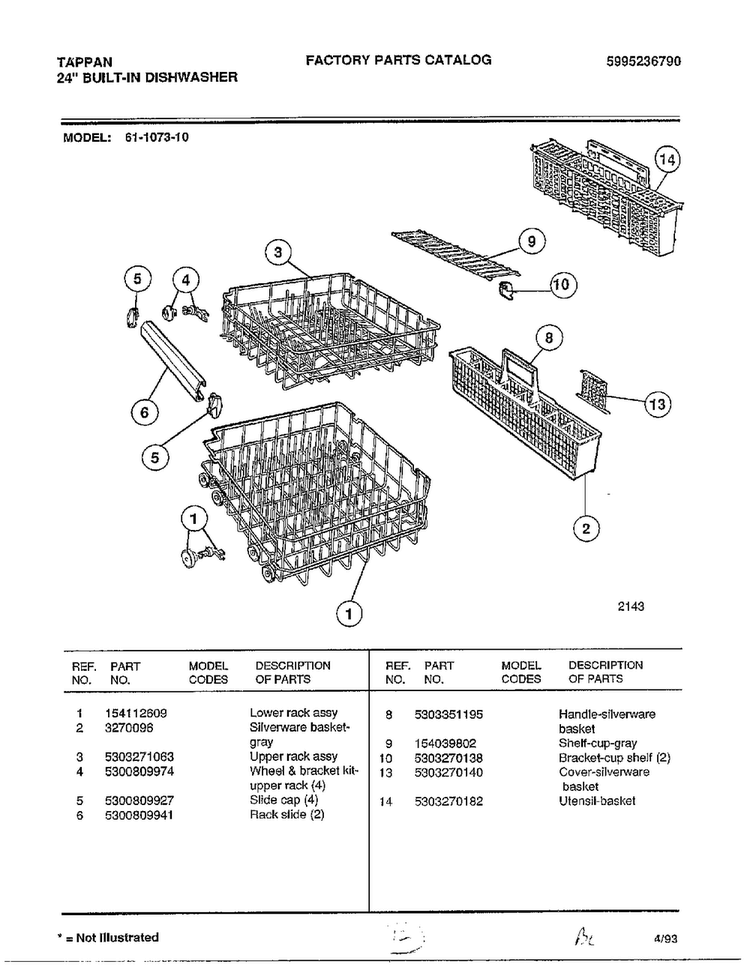 Upper/lower Rack Diagram and Parts List for 61-1073-10  Frigidaire Dishwasher