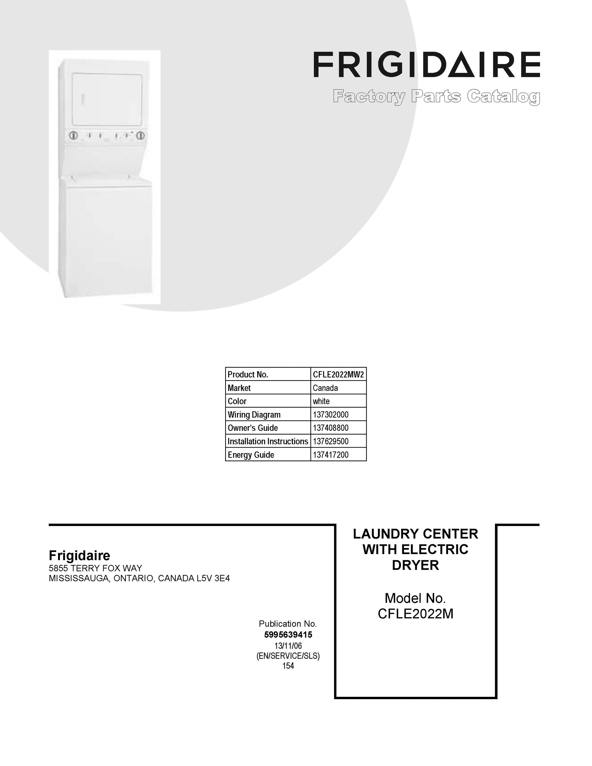 01 - COVER SHEET Diagram and Parts List for CFLE2022MW2  Frigidaire Washer Dryer Combo