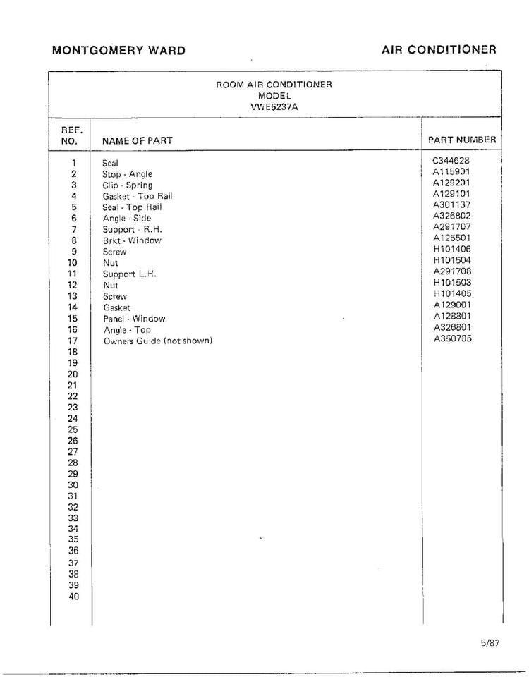 Room Air Conditioner Page 10 Diagram and Parts List for 5237A  Frigidaire Air Conditioner