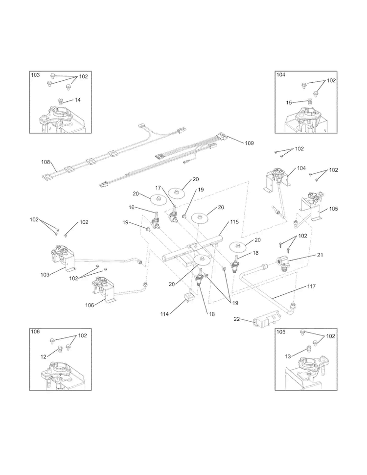 Burner Diagram and Parts List for RC30DG60PS0  Uni Cooktop