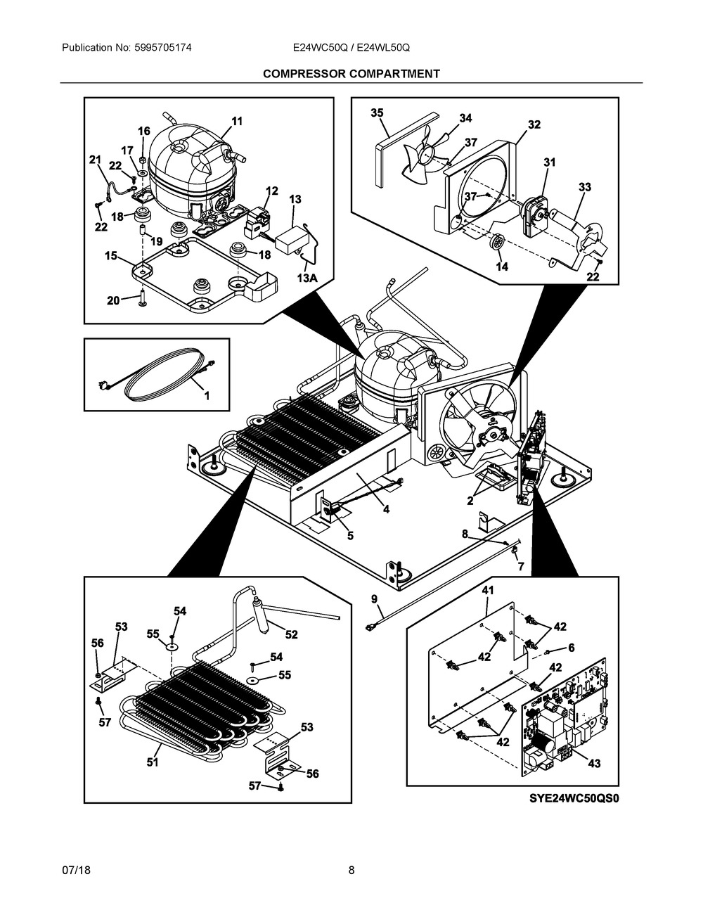 Compressor Compartment Diagram and Parts List for E24WC50QS1  Frigidaire Wine and Beverage Cooler