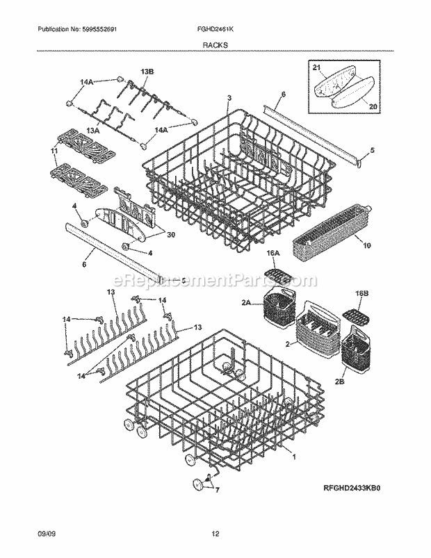 Racks Diagram and Parts List for FGHD2461KW1  Frigidaire Dishwasher