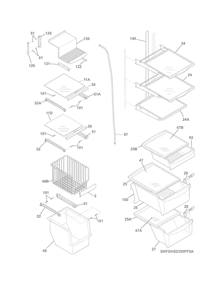 Shelves Diagram and Parts List for FGHS2355PF5A  Frigidaire Refrigerator