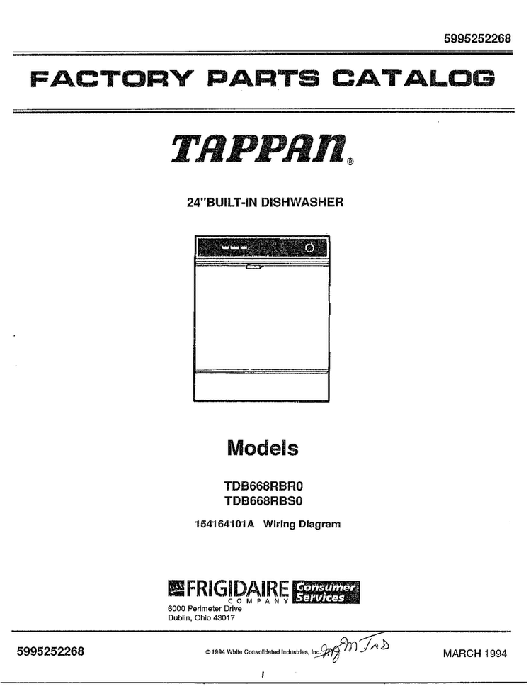 24" Built-in Dishwasher Diagram and Parts List for 68-1085  Frigidaire Dishwasher